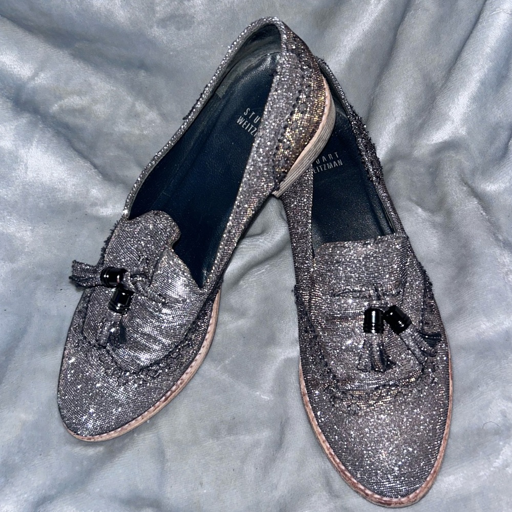 50%OFFW❤️Stuart Weitzman 'Guy Thing' Metallic Lurex Tassel Slip-Ons flaw 39 S35